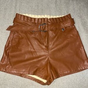 High Waist Tan Leather Women's Shorts